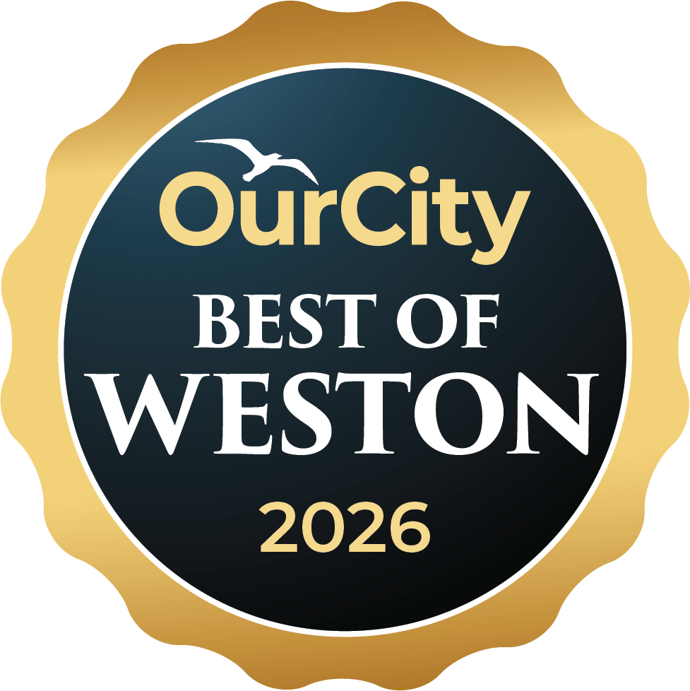 Award badge reading 'OurCity Best of Weston 2026' with a seagull silhouette on a dark circular field and a gold scalloped edge
