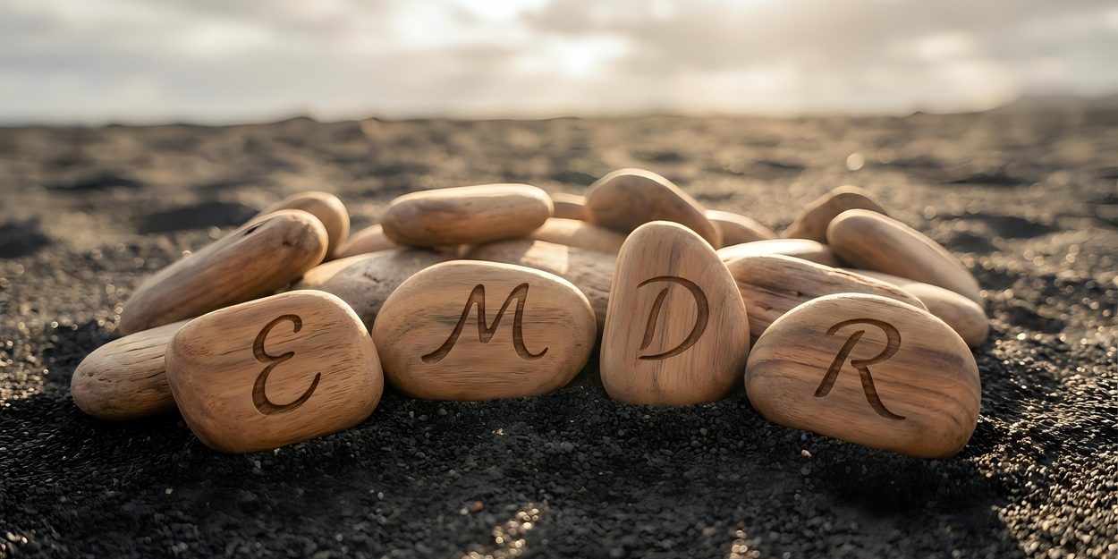 Wooden stones engraved with the letters EMDR on dark sand at sunrise, representing EMDR trauma healing intensives in Weston, FL